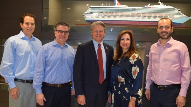 From left:  Carnival Corporation VP Port and Destination Development David Candib, Carnival Cruise Line EVP Professional Services James Heaney, Canaveral Port Authority Port Director and CEO Capt. John Murray, Carnival Cruise Line President Christine Duffy, and Carnival Cruise Line COO Gus Antorcha. 