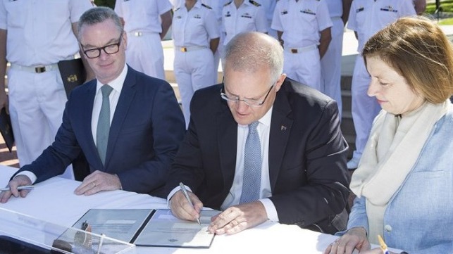 L to R: Australian Minister for Defence Christopher Pyne, Australian Prime Minister Scott Morrison and French Minister for the Armed Forces, Florence Parly.