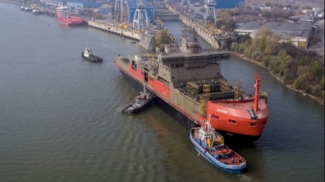 The Nuyina being backed into the wet dock so that construction can continue on the stern of the vessel. 