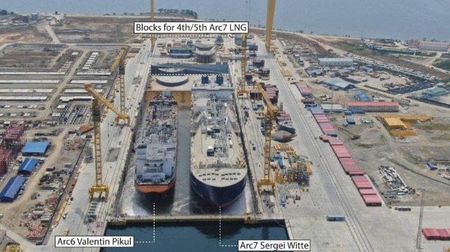 Completed ships and partially-assembled blocks in Zvezda's vast main drydock (Zvezda)