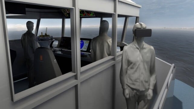 Simulated mockup of a future Royal Navy bridge simulator, with a trainee scanning the "horizon" through VR goggles (Royal Navy / Kongsberg)