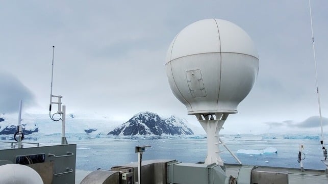 Satellite terminal on a ship in a cold icy environment