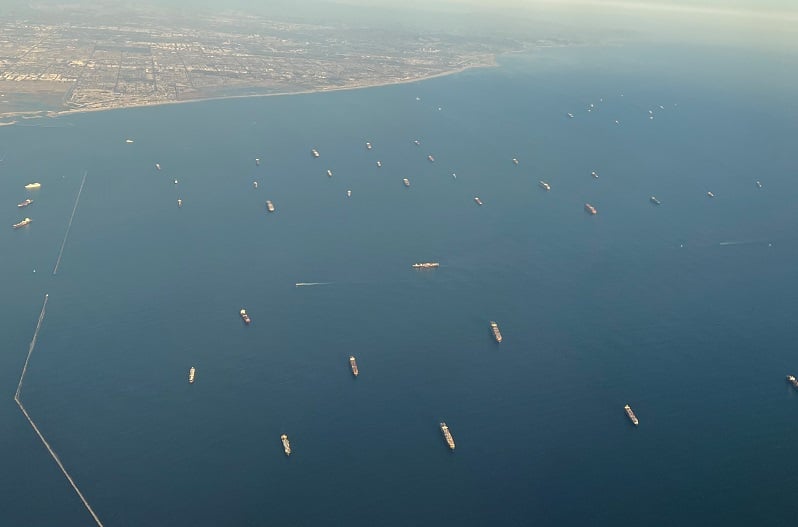 containerships at anchor off southern California