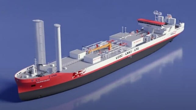 Design Concept for Large River-Sea Tanker for LCO2 and Ammonia Transport