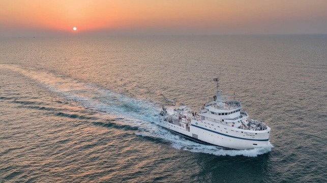 Abu Dhabi research vessel Jaywun at sunset