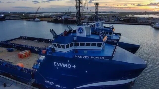 The OSV Harvey Power and a sister ship moored at Port Fourchon