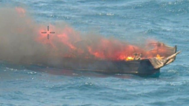 Illegal fishing vessel destroyed at sea by ABF officers, December 2024 (ABF file image)