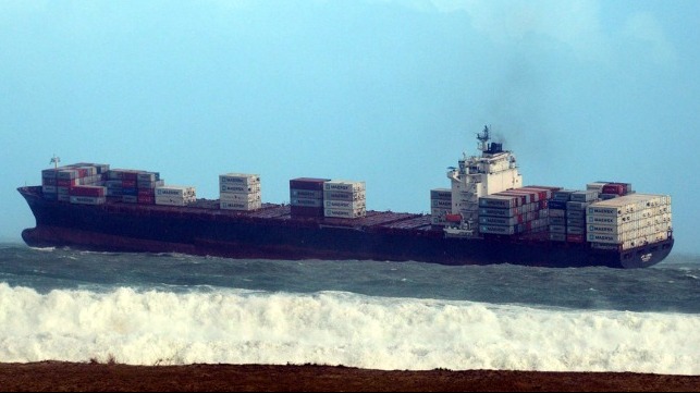After the anchor became fouled a container ship struggled to maintain position in a storm close to the South African shore