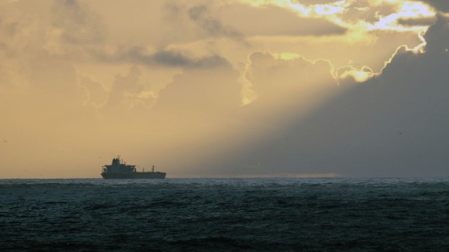 tanker in sunset