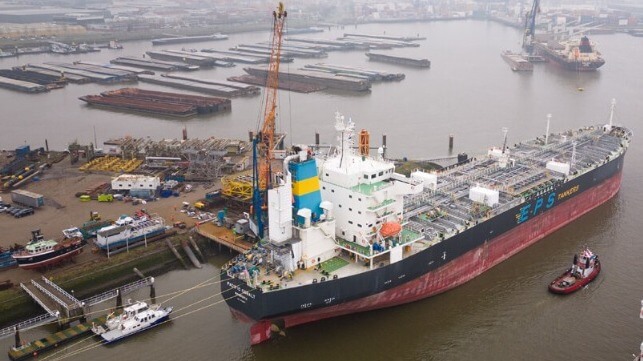 Installation of a novel carbon capture system behind the funnel of a tanker, Rotterdam, 2023 (EPS file image)