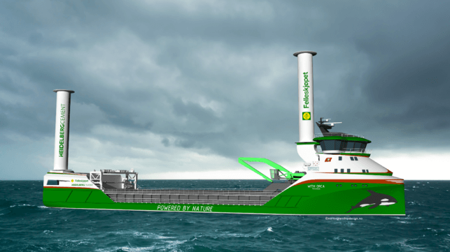 hydrogen powered bulker with wind rotor sails and batteries