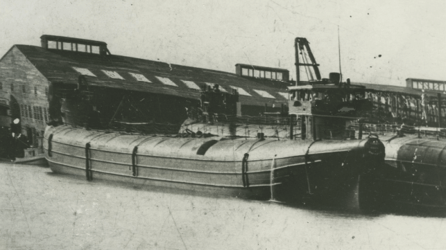 great lakes whaleback barge in black and white