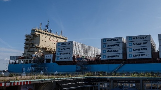 The methanol-fueled boxship Laura Maersk calls Copenhagen, 2023 (iStock)