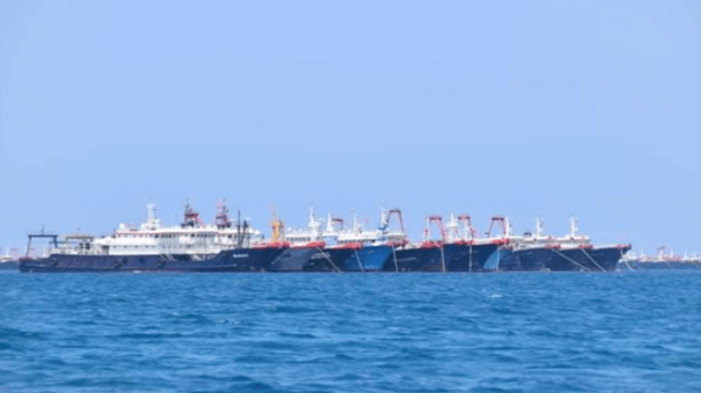 A line of militarized Chinese trawlers at Union Bank during a previous security standoff (Philippine Coast Guard)