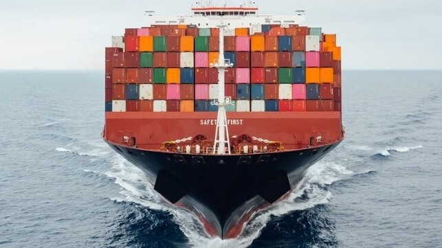 Container ship with Safety First label on the bow