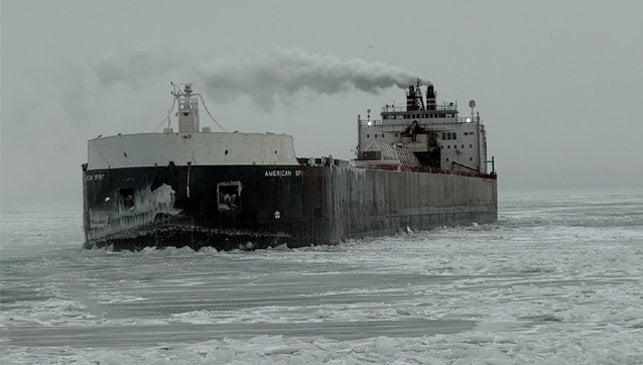ship in ice on the Great Lakes