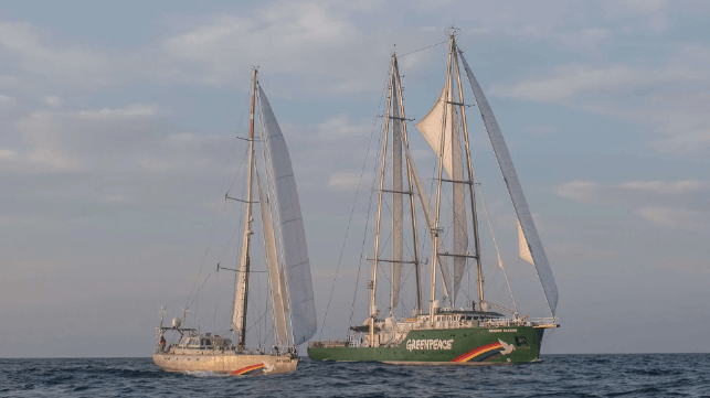 The Rainbow Warrior and Witness side-by-side in the Mediterranean. © Mariza Karidi / Greenpeace