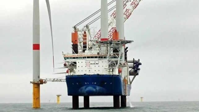 first wind turbine installed at France's first offshore wind farm