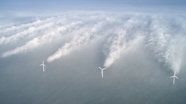 Clouds behind wind turbines from wake effect