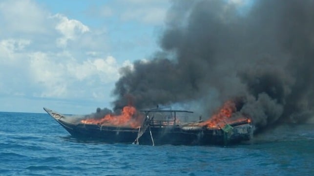 Burning fishing vessel 