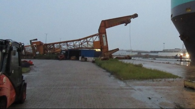 Damaged crane in shipyard