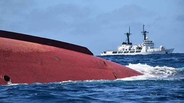 The capsized hull of the Lu Peng Yuan Yu 028. Seven merchant ships helped in the search for the vessel (Image courtesy Sri Lankan Navy)