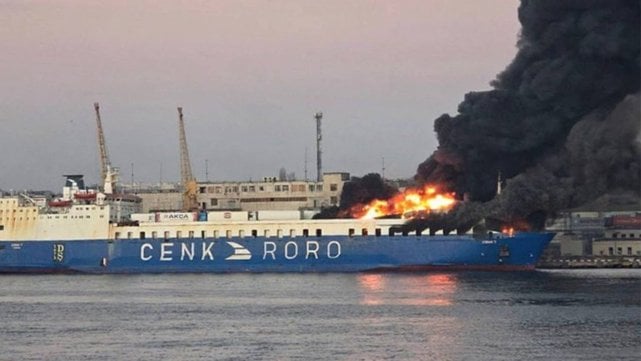 cargo ship on fire