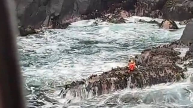 A Chilean Navy rescue swimmer climbs out of the surf and onto the rocks to reach the survivor (Armada de Chile)