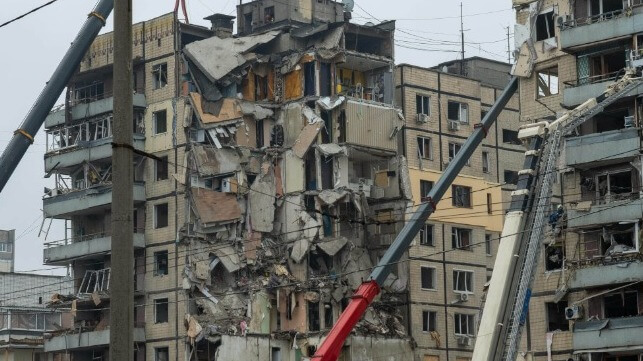 Wrecked soviet era apartment building in Dnipro