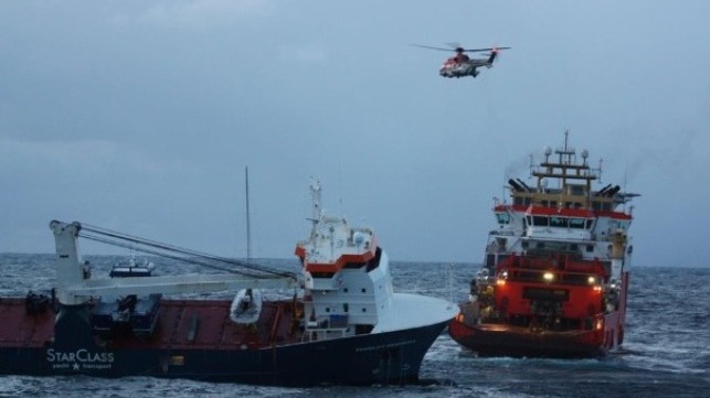emergency effort secures tow line to drifting vessel