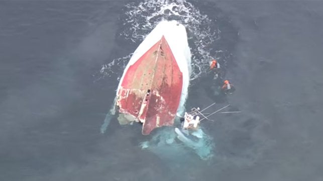 fishing boat split in two by cargo ship