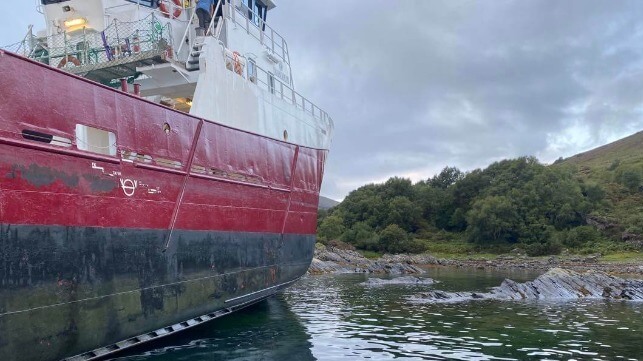 wellboat aground on rocky shore