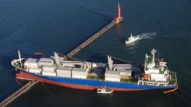 Reefer runs up on seawall in Japan