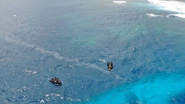 A sheen from the Manawanui's wreck in the days after the sinking, October 2024 (NZDF)