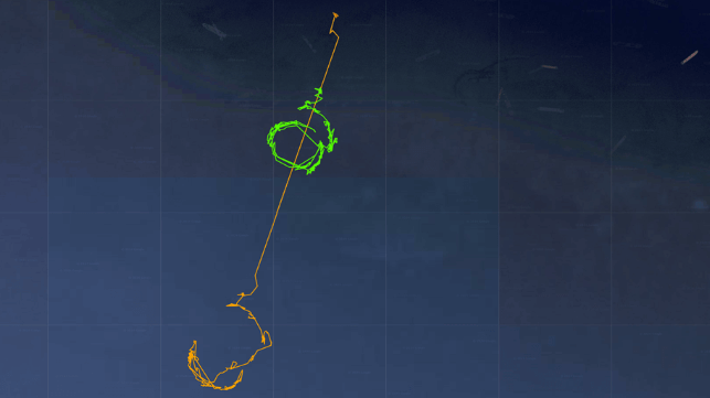 Marla Orca (orange) dragged anchor into DSK1 (green) when the winds shifted, Nov. 21 (Pole Star)