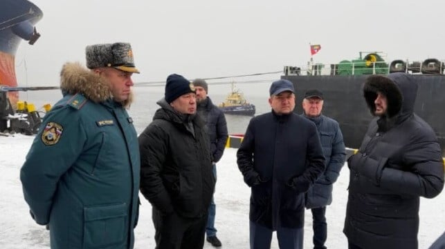 Russian salvors and officials inspect the damaged tanker Koala at Ust-Luga (courtesy Morspas)