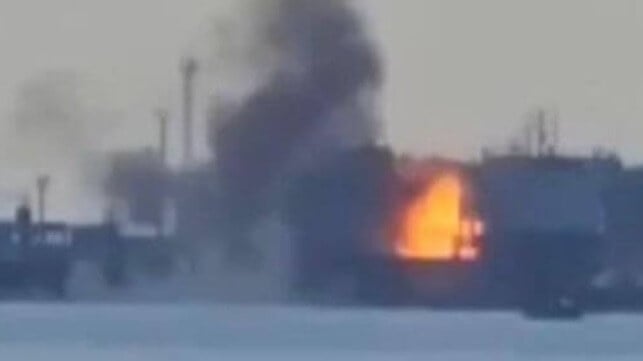 Image purporting to show a fire aboard the ferry Slavnayin at Kavkaz (Armed Forces of Ukraine)