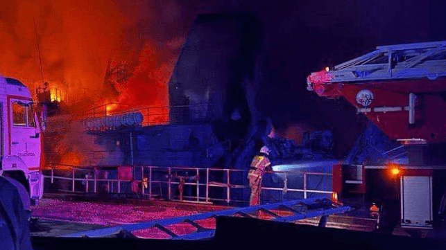 A fire rages at the drydock in this image provided by the Russian regional government (Governor of Sevastopol Mikhail Razvozhaev)