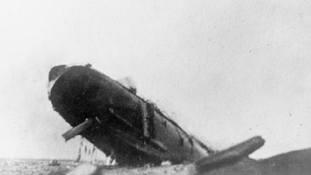 SS Arcadian going under after a torpedo hit. Men can be seen abandoning ship off the port side (Imperial War Museum)