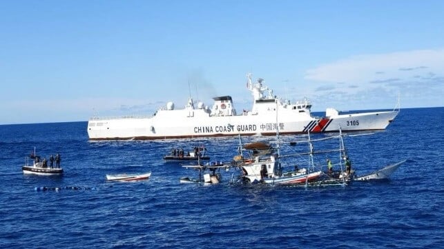 A China Coast Guard cutter stands by next to a stricken Philippine fishing vessel at Scarborough Shoal, June 30, 2024 (PCG)