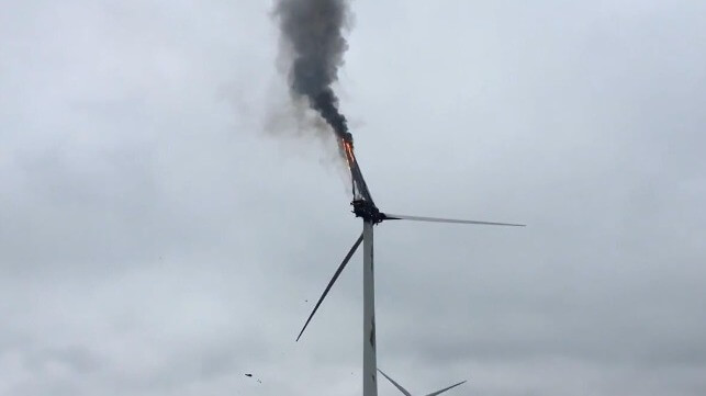 A Siemens Gamesa turbine on fire at Doddington, UK (Cambridgeshire Fire and Rescue)