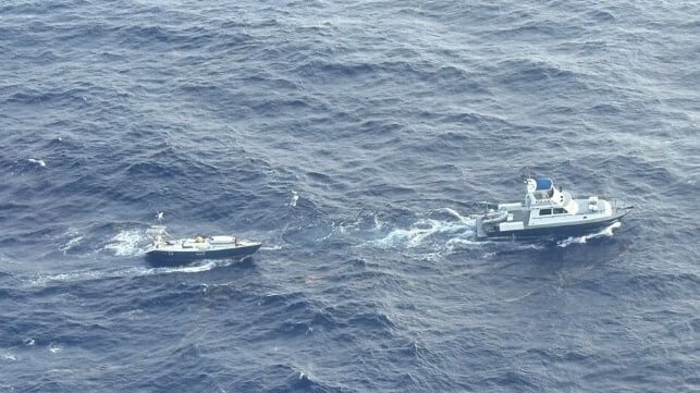Topaze under tow by the BVI Royal Marine Police (USCG)