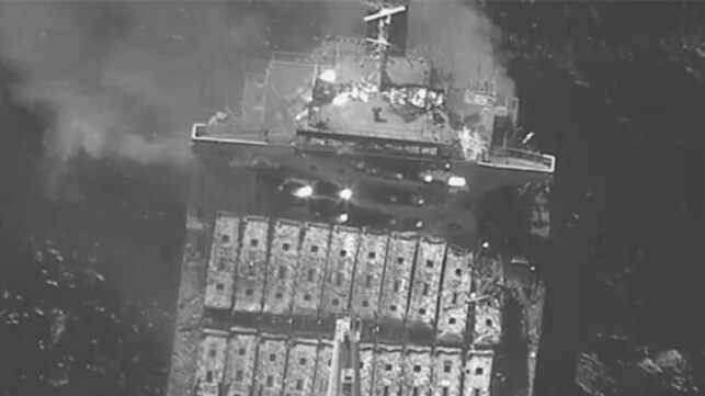 Fire aboard the bulker True Confidence after the Houthi missile strike that killed three crewmembers (Indian Navy)