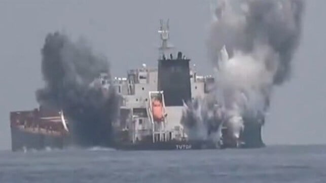 Houthi fighters sabotage the disabled bulker Tutor, sending it to the bottom, 2024 (Houthi Military Media)