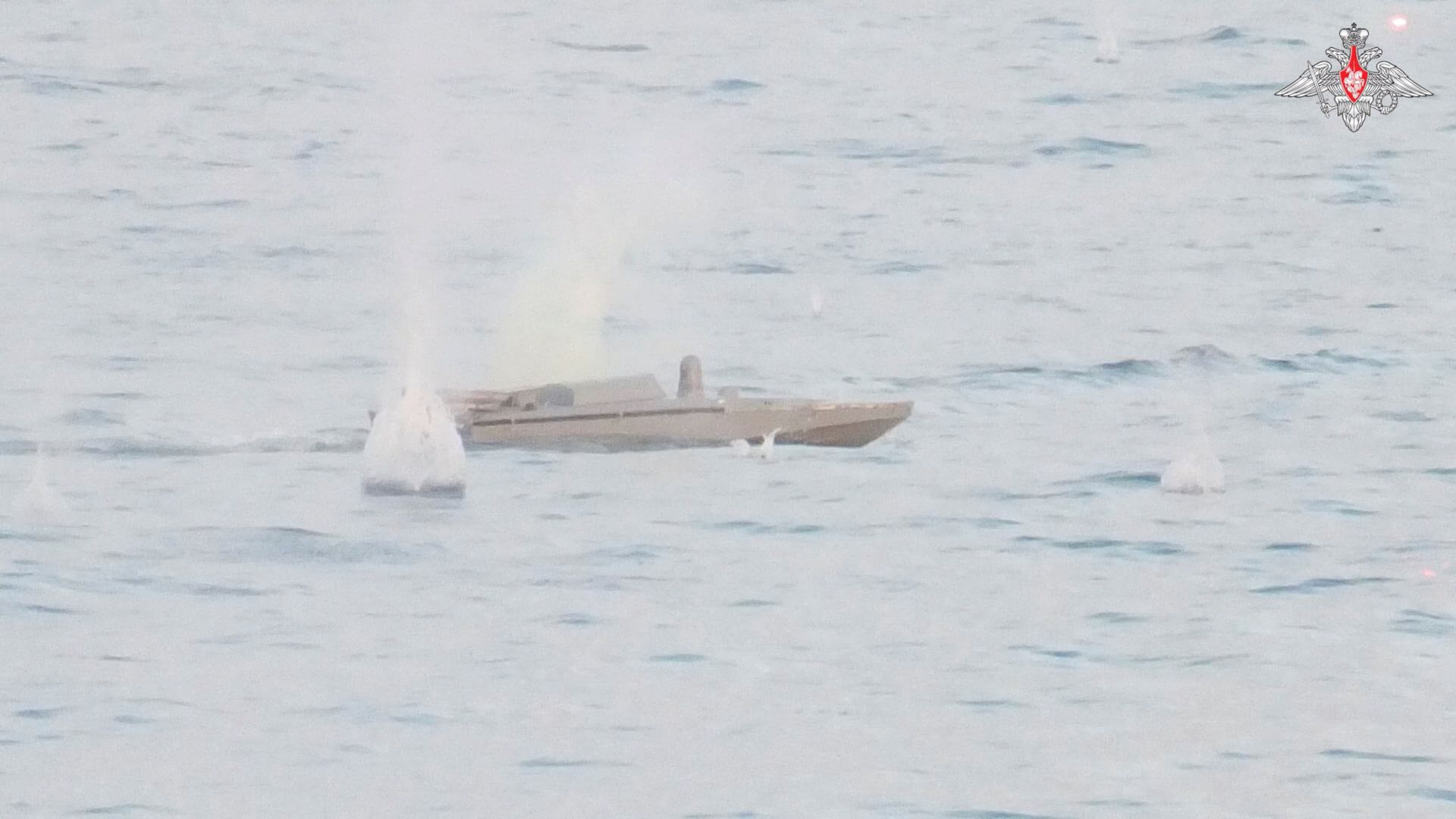 The flat Starlink panel on the stern of a Ukrainian drone boat provides the connection for remote-control (Russian MOD file image)