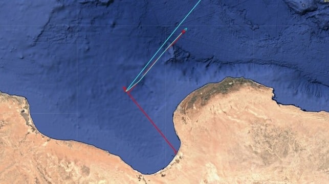 Vilamoura (red) broadcasting "not under command" and in an apparent tow by Boka Summit (blue) (Pole Star)