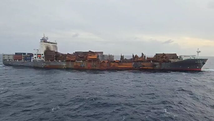 fire-damaged containership
