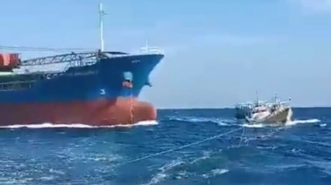 video collision fishing boat and cargo ship 