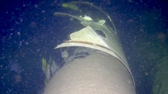 A low-resolution video frame showing damage to the Balticconnector pipeline (Finnish NBI)