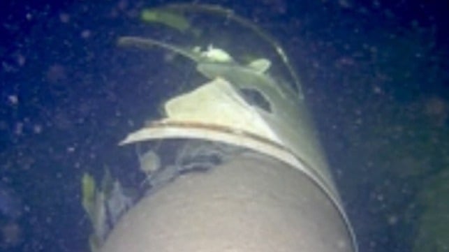Low-resolution video still of damage to the Balticconnector pipeline (Finland NBI)